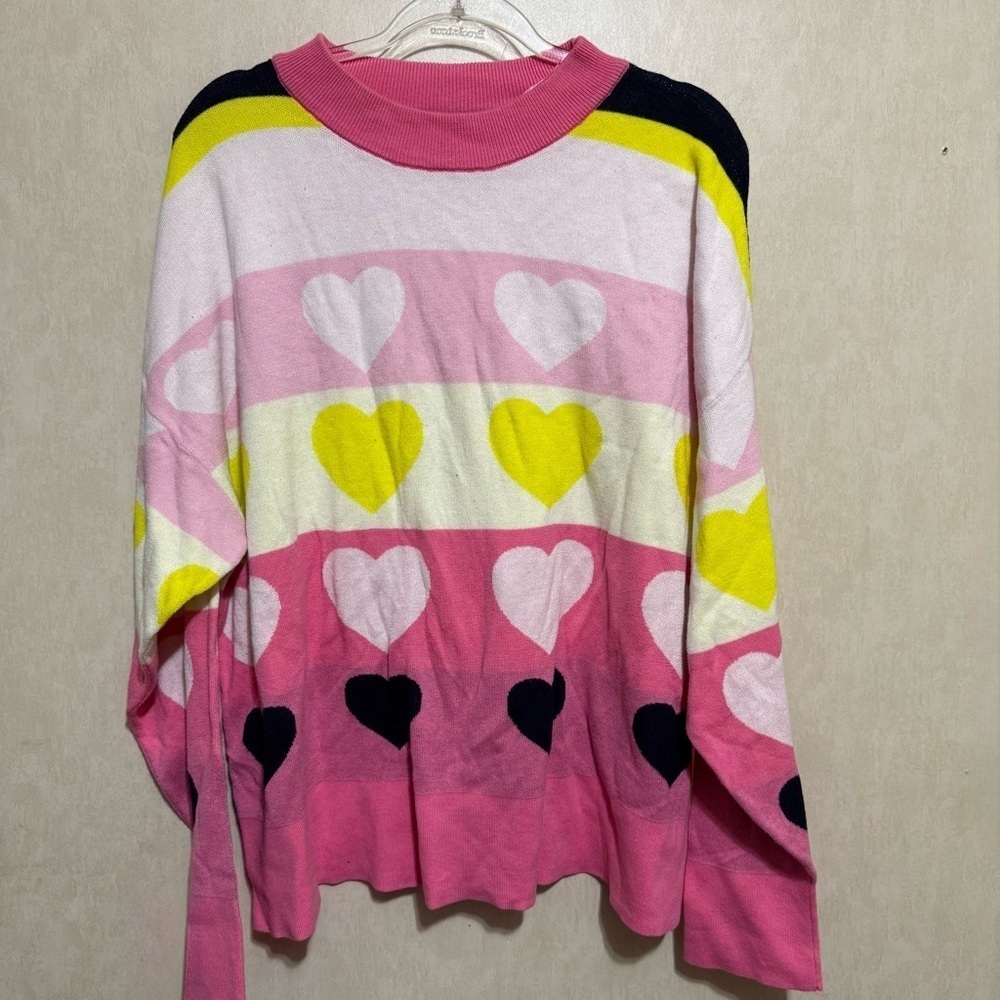 Crown & Ivy Sweater Valentine Hearts Pink Navy‎ Yellow Cotton Blend